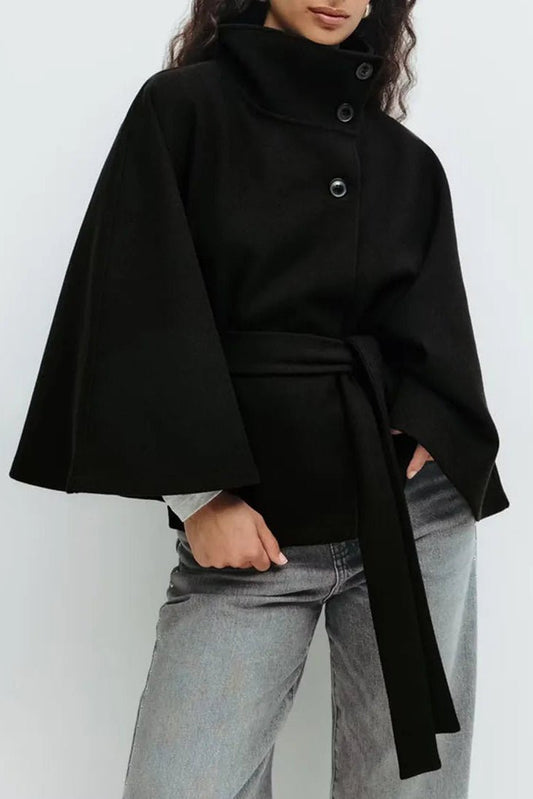 Elegant Wool Blend Cape with Self-Tie Belt for Timeless Style 0