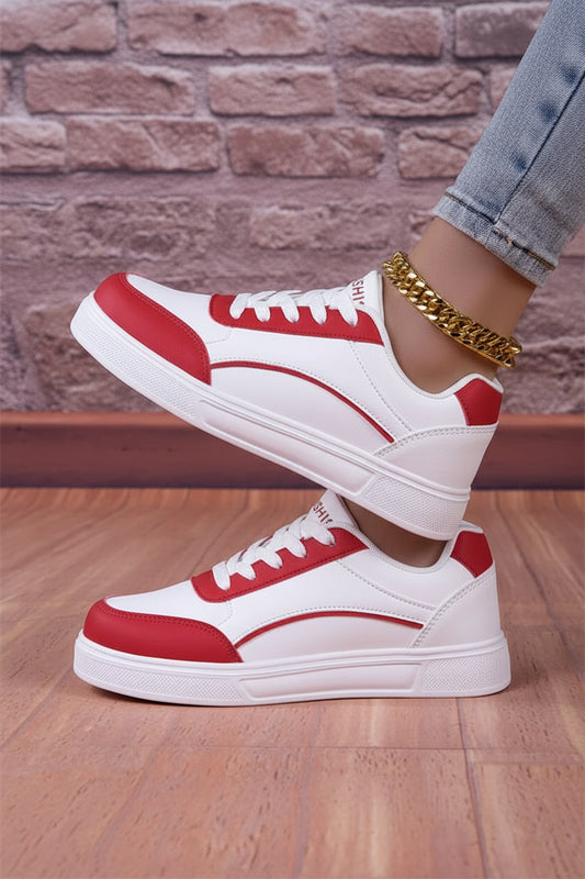 Fashion Red Skateboard Sneakers for Women - Lightweight PU Leather, Non-Slip Sole 0