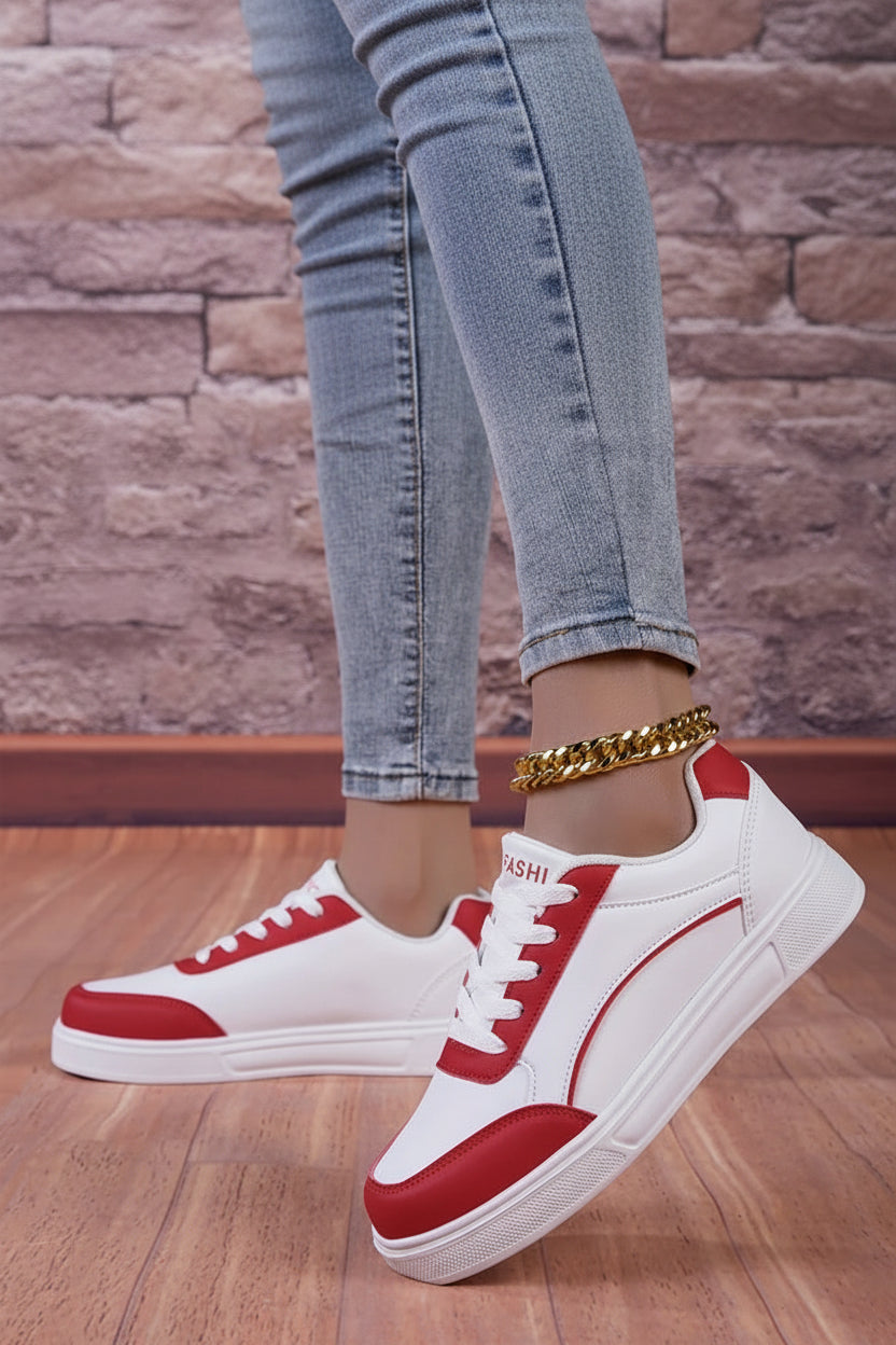 Fashion Red Skateboard Sneakers for Women - Lightweight PU Leather, Non-Slip Sole 2