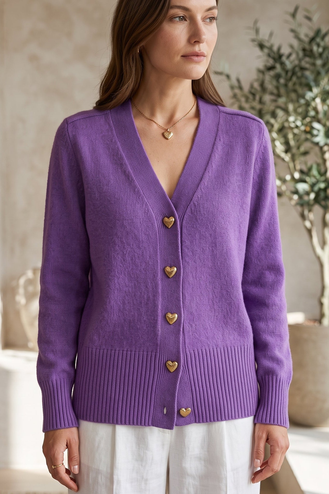 Elegant V-Neck Heart Button Cardigan