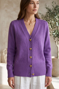 Elegant V-Neck Heart Button Cardigan