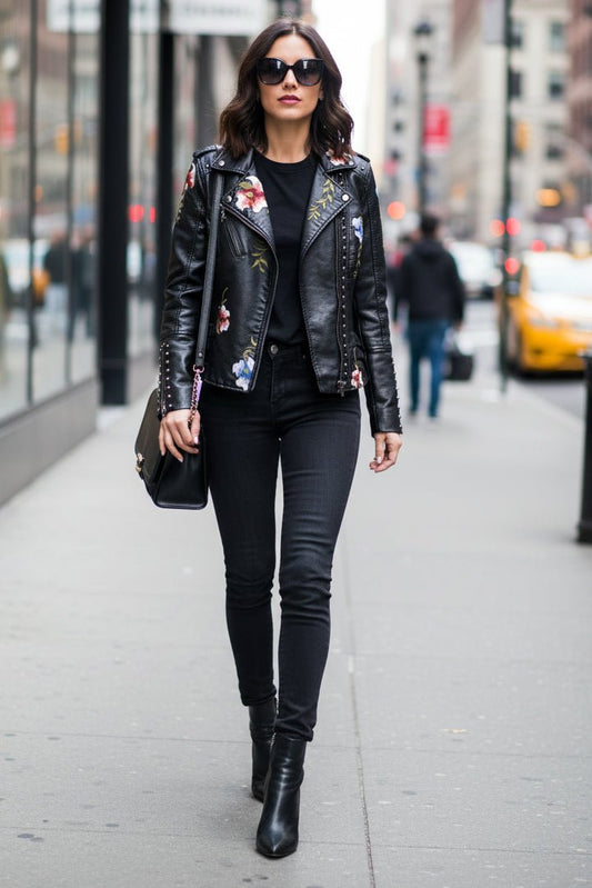 Floral Faux Leather Jacket with Reinforced Seams for Bold Style 0