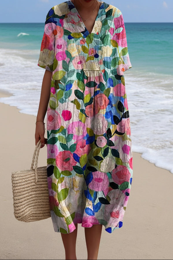 Floral V-Neck Summer Dress in Lightweight Cotton for Effortless Style 0