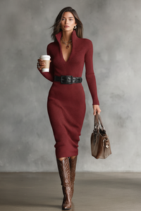Imogen | Women's Ribbed Knit Collared V-Neck Midi Dress