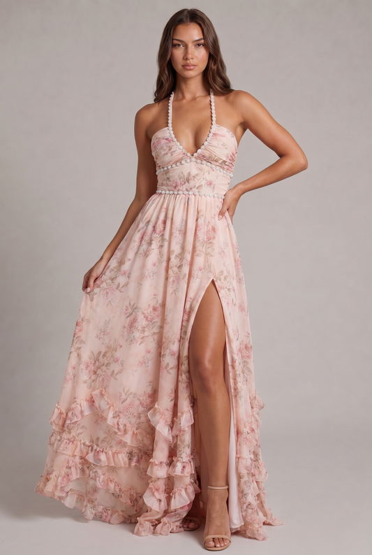 Floral Maxi Dress with Halter Neckline