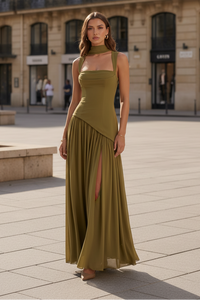 Tullulah Olive Maxi Dress with Thigh Slit
