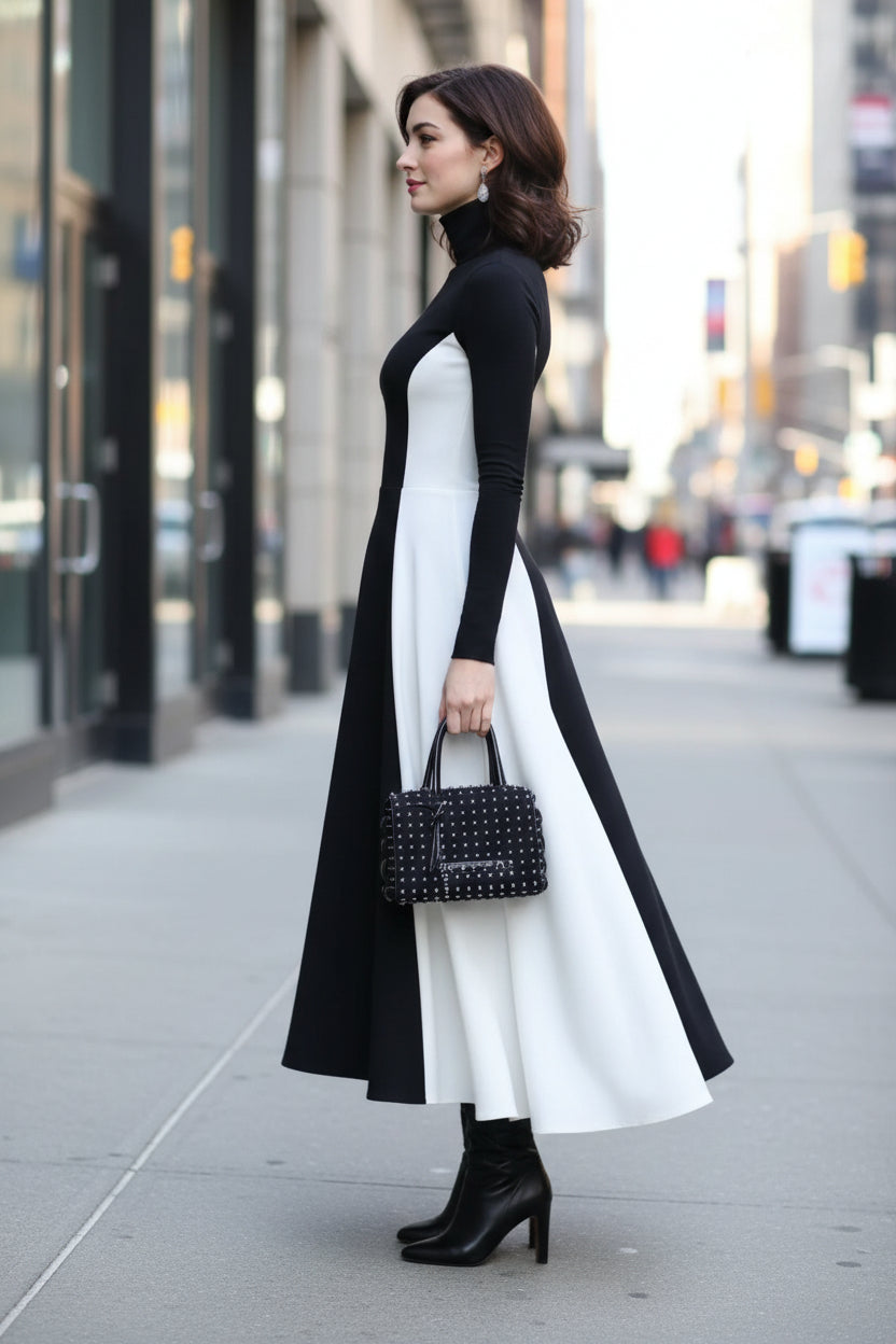 Figurbetontes Maxikleid mit kontrastierendem Rollkragen
