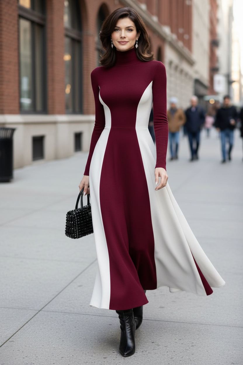 Figurbetontes Maxikleid mit kontrastierendem Rollkragen