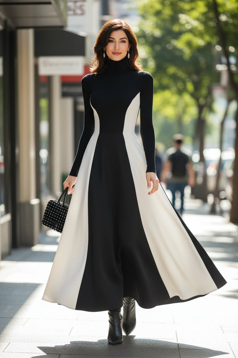 Figurbetontes Maxikleid mit kontrastierendem Rollkragen