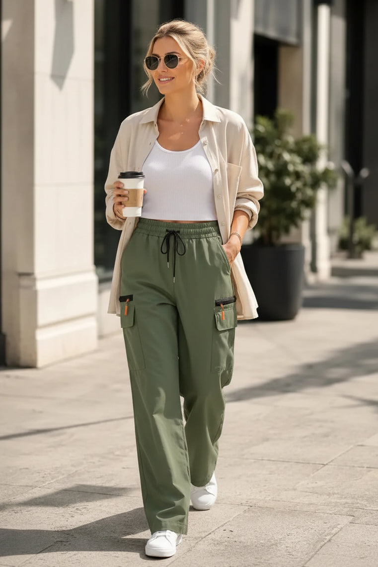 Wide-Leg Cargo Pants with Drawstring Waist