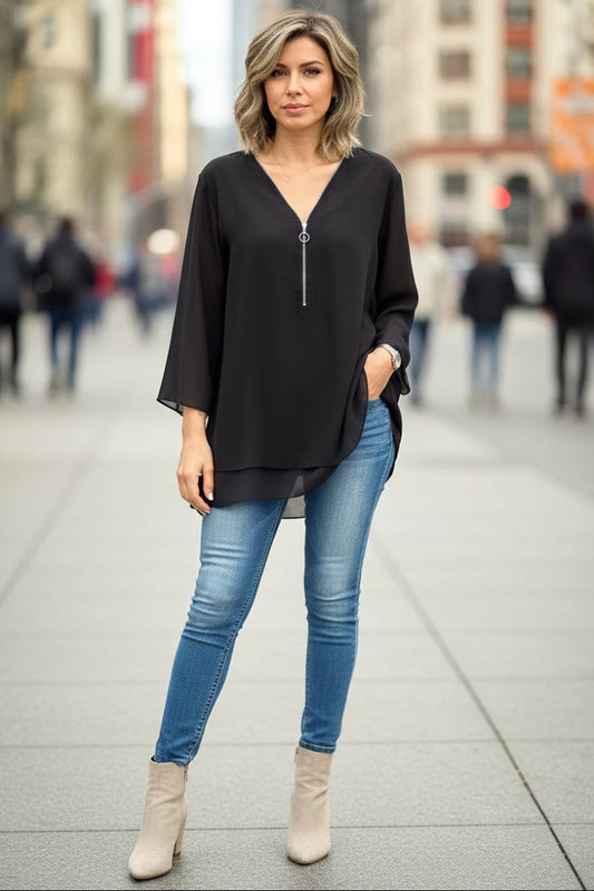 Lightweight Chiffon Zip Top for Effortless V-Neck Elegance 0