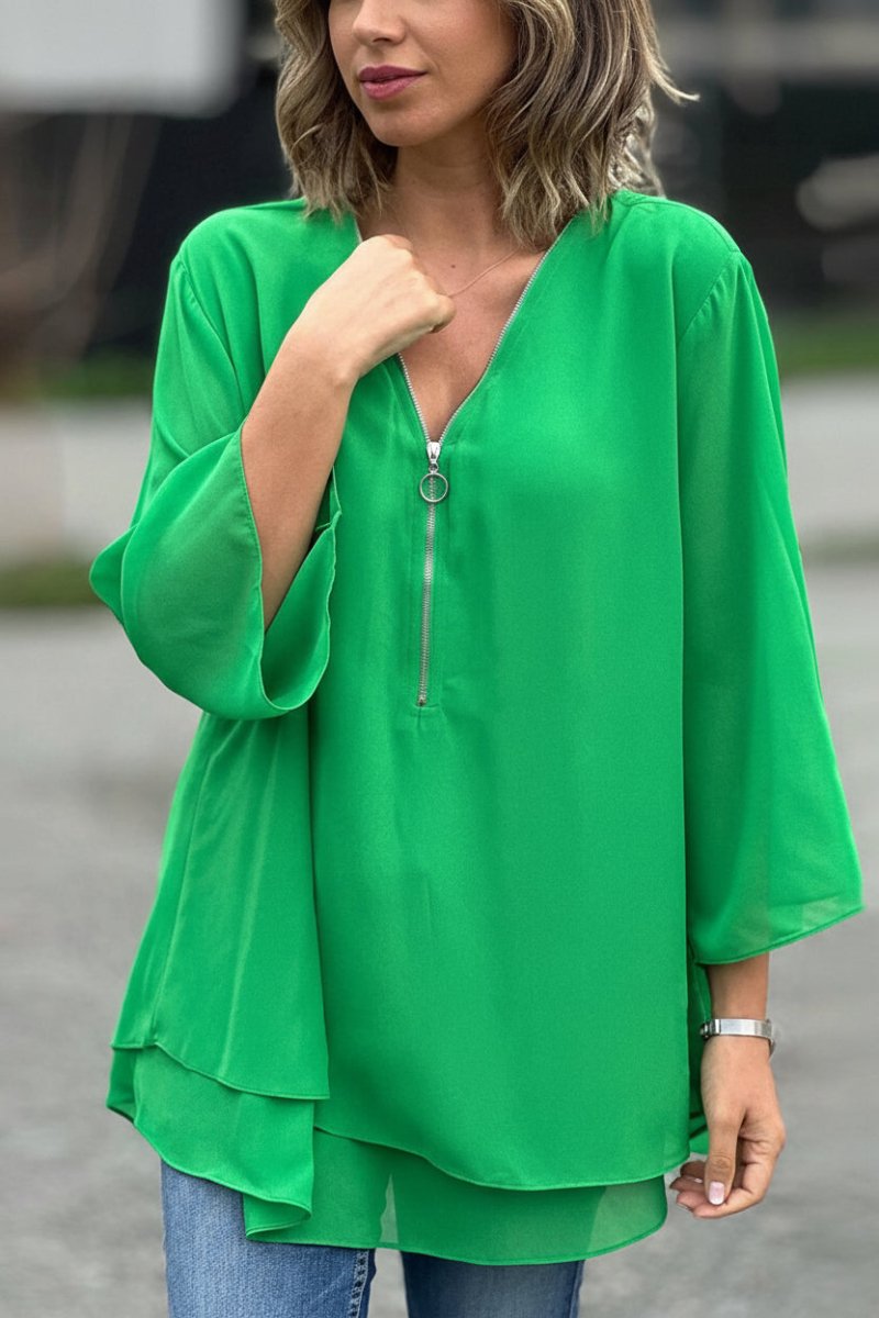 Lightweight Chiffon Zip Top for Effortless V-Neck Elegance 1