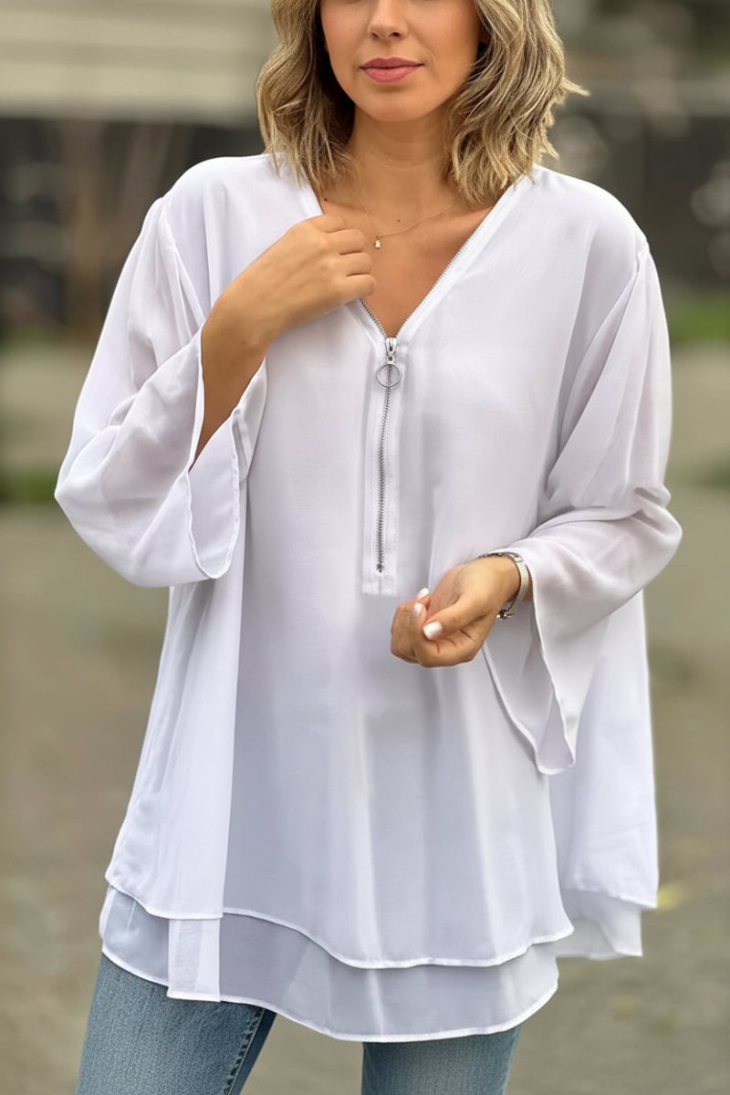 Lightweight Chiffon Zip Top for Effortless V-Neck Elegance 6