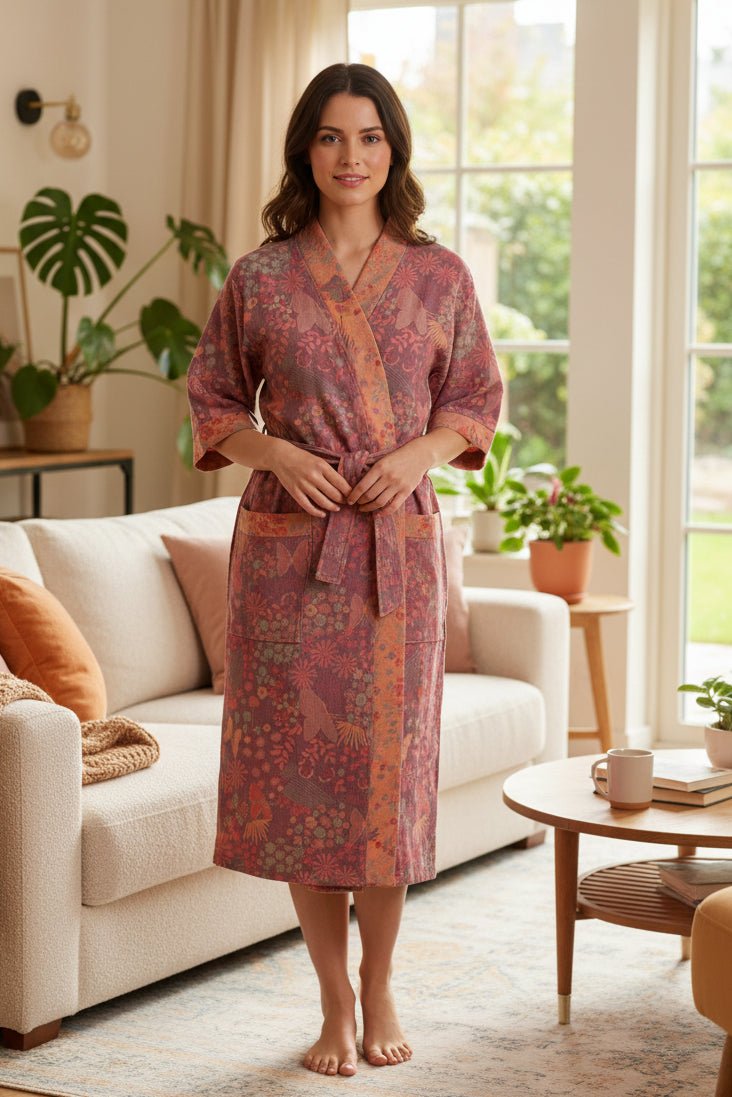 Lightweight Cotton Bathrobe with Soft Retro Pattern for Relaxed Elegance 0