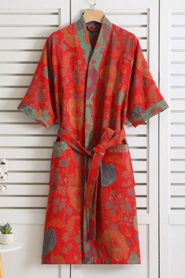 Lightweight Cotton Bathrobe with Soft Retro Pattern for Relaxed Elegance 3