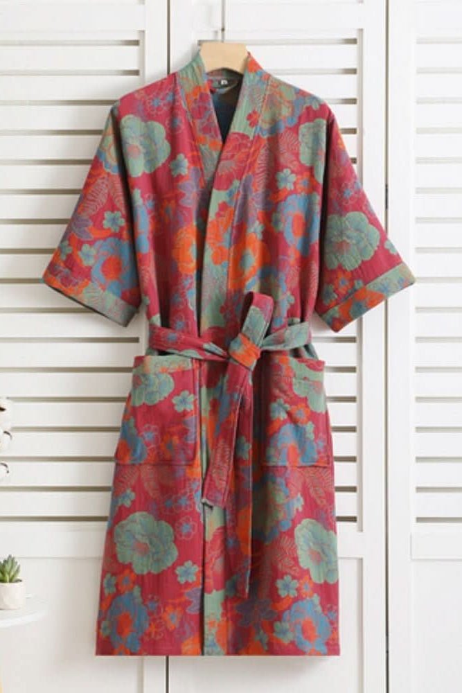 Lightweight Cotton Bathrobe with Soft Retro Pattern for Relaxed Elegance 5
