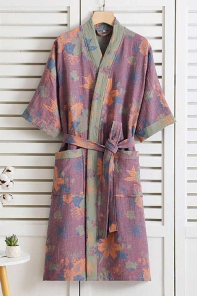 Lightweight Cotton Bathrobe with Soft Retro Pattern for Relaxed Elegance 6