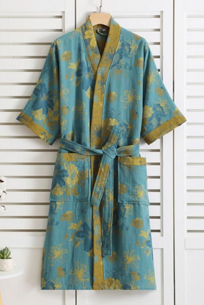 Lightweight Cotton Bathrobe with Soft Retro Pattern for Relaxed Elegance 7