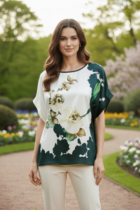 Lightweight Floral Satin Batwing Top for Effortless Elegance 0