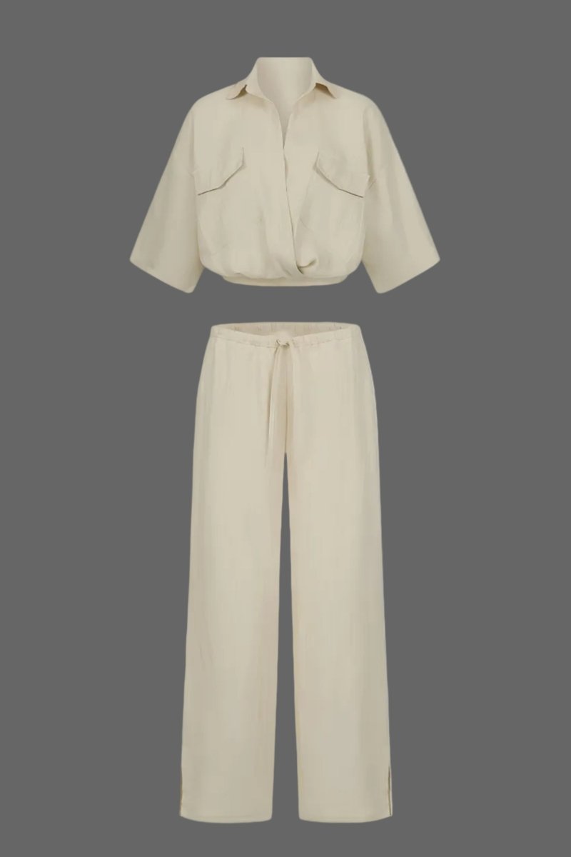 Luxe Linen Loungewear Two Piece Set with Relaxed Fit Top and Drawstring Pants 2
