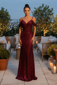 Sequin Off-Shoulder Maxi Dress with High Slit