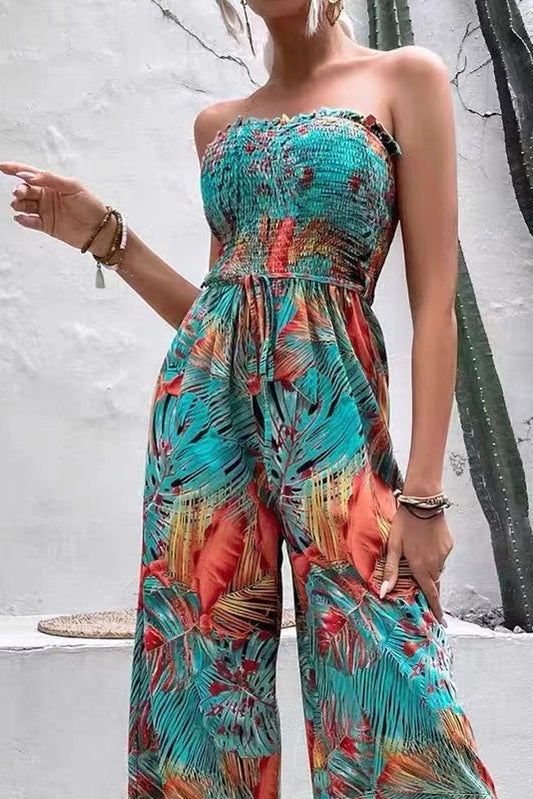 Tropischer trägerloser Weite Bein Jumpsuit