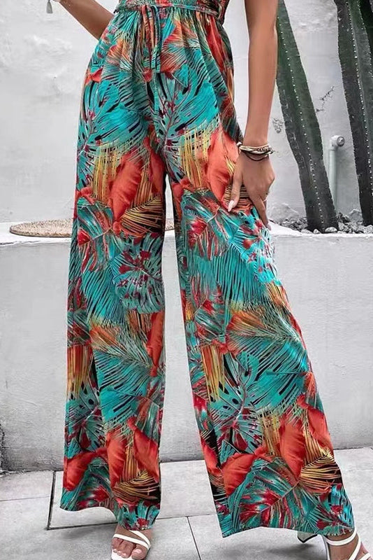 Tropical Strapless Wide Leg Jumpsuit