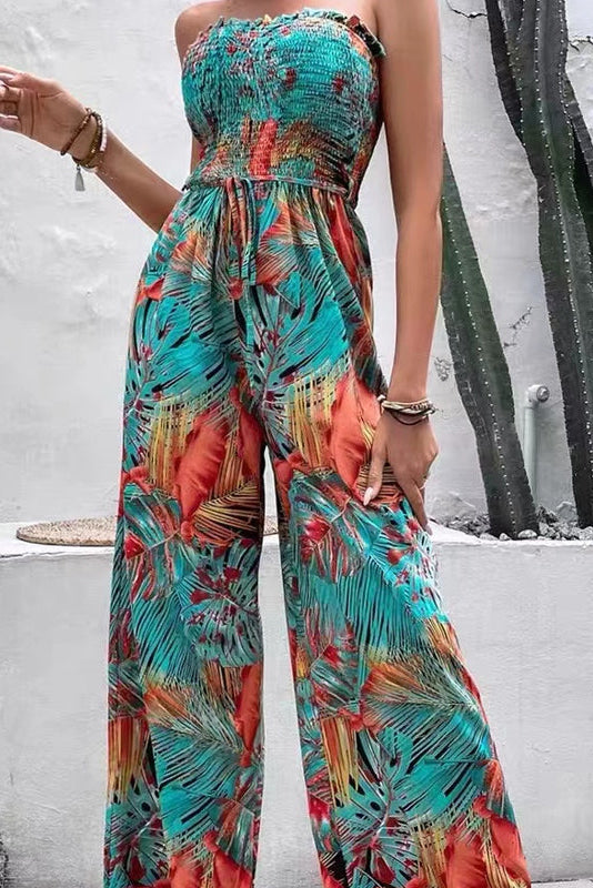 Tropical Strapless Wide Leg Jumpsuit