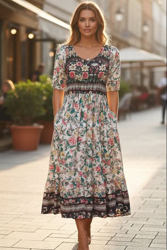 Boho Colorblock Floral Maxi Dress With Pockets