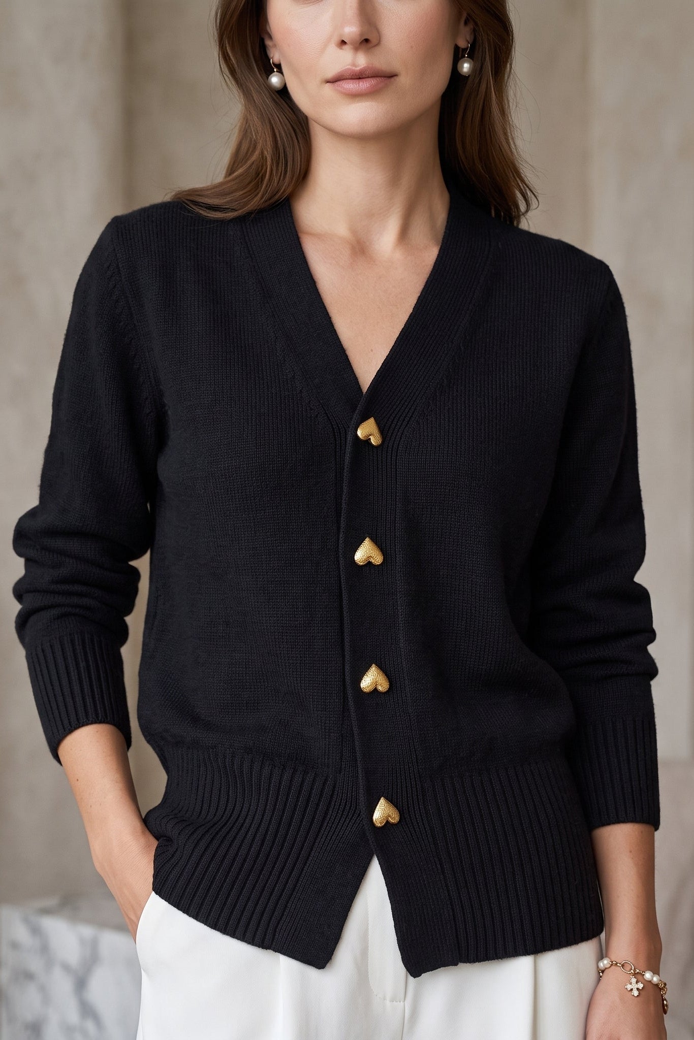 Elegant V-Neck Heart Button Cardigan