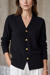 Elegant V-Neck Heart Button Cardigan