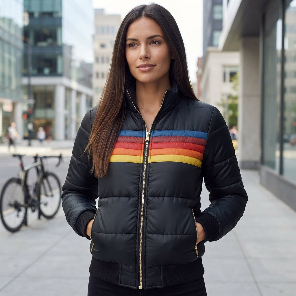 Quilted Striped Zip Front Puffer Jacket