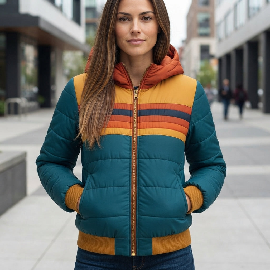 Quilted Striped Zip Front Puffer Jacket