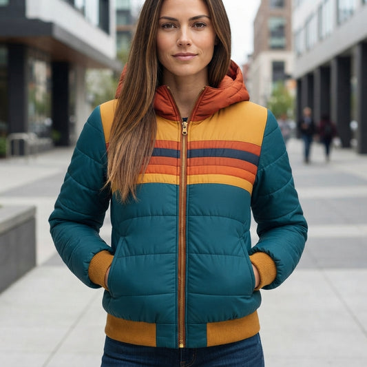 Quilted Striped Zip Front Puffer Jacket
