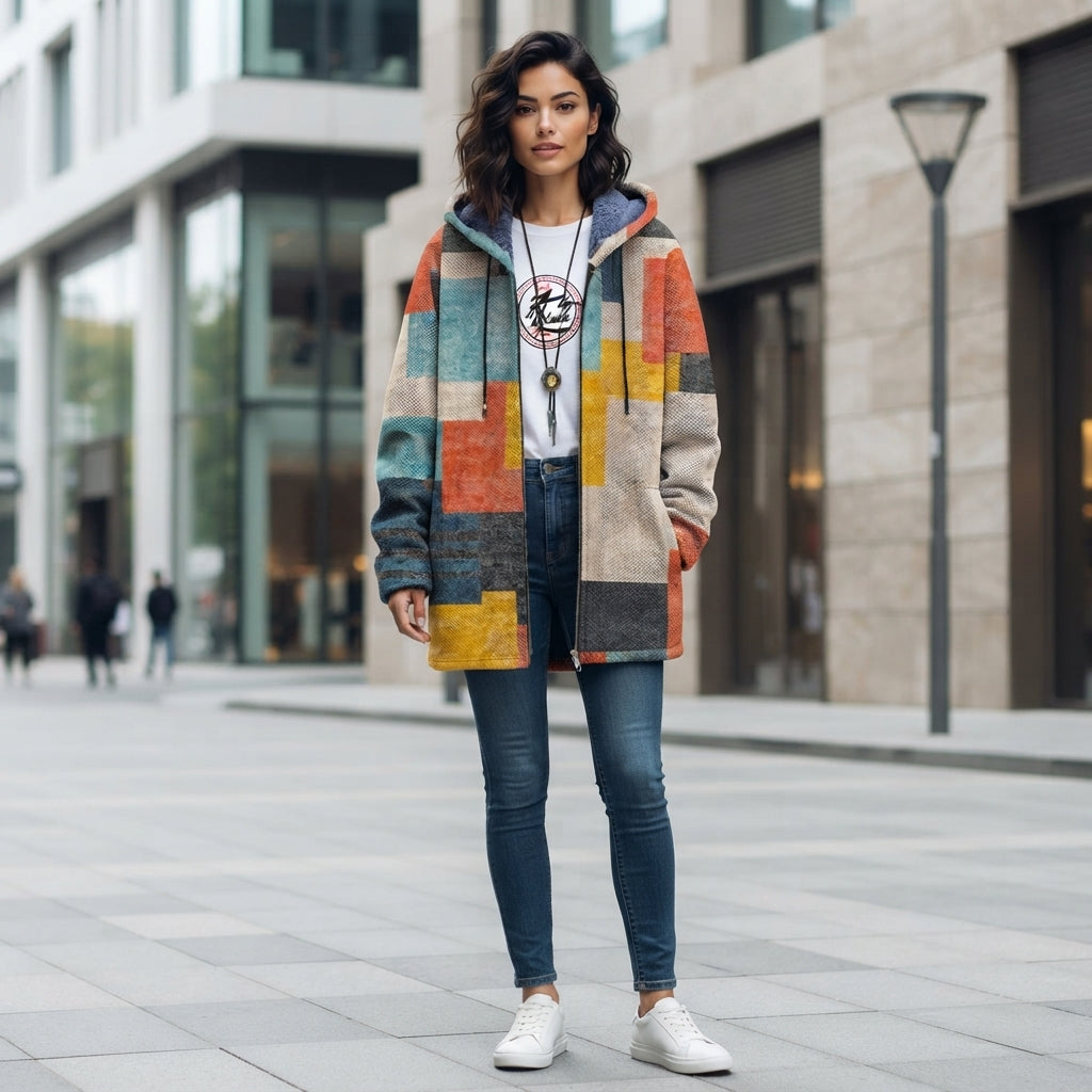 Graphic Hooded Zip Front Casual Jacket