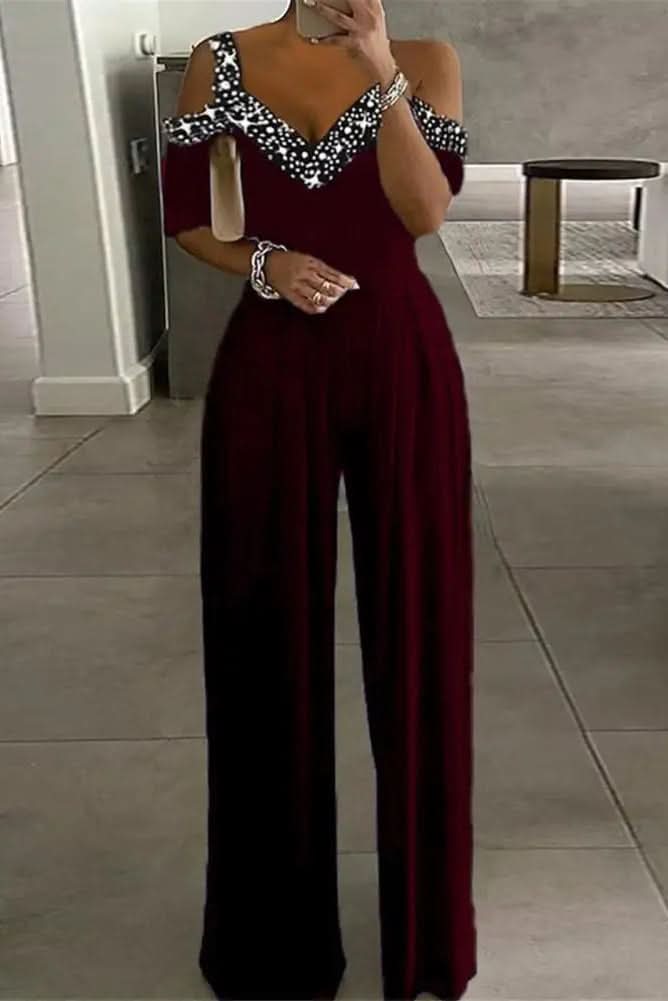 Modern High-Waist Jumpsuit with Rhinestone Detail for Effortless Elegance 0
