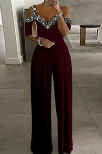 Modern High-Waist Jumpsuit with Rhinestone Detail for Effortless Elegance 0