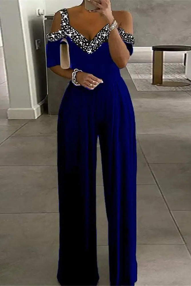 Modern High-Waist Jumpsuit with Rhinestone Detail for Effortless Elegance 2