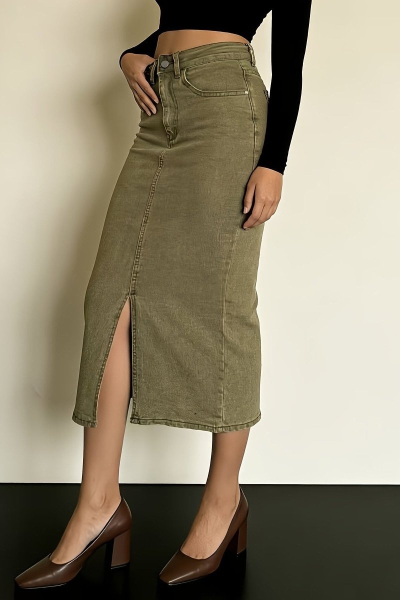 Modern Olive Denim Midi Skirt with Elegant High-Rise and Slit Detail 3