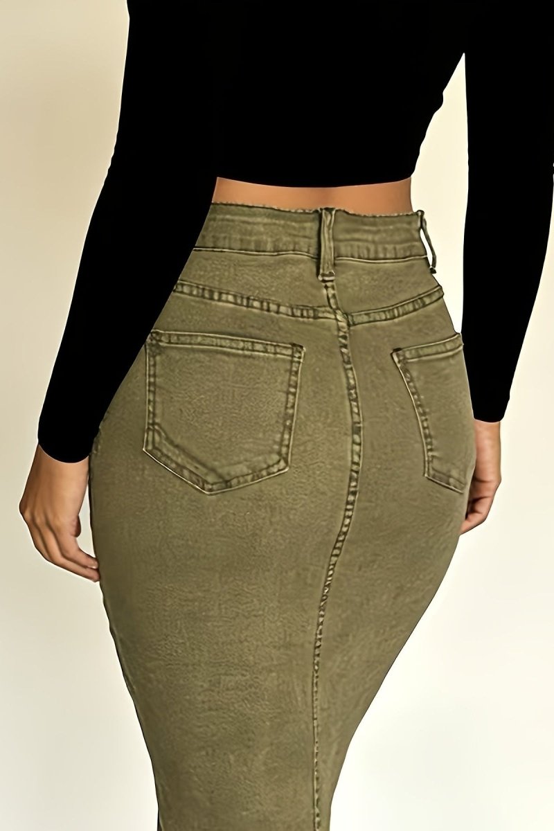 Modern Olive Denim Midi Skirt with Elegant High-Rise and Slit Detail 4