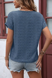 Notched Neckline T-Shirt with Elegant Eyelet Embroidery for Effortless Style 1