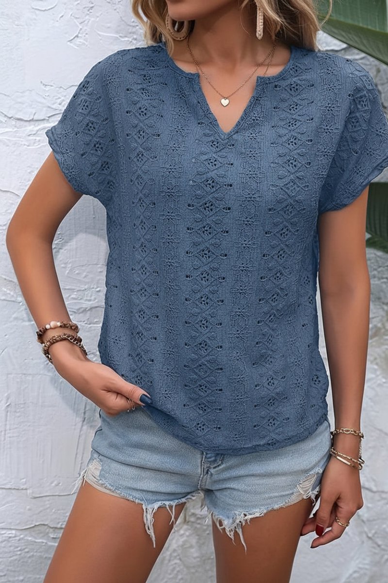 Notched Neckline T-Shirt with Elegant Eyelet Embroidery for Effortless Style 2
