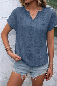 Notched Neckline T-Shirt with Elegant Eyelet Embroidery for Effortless Style 2