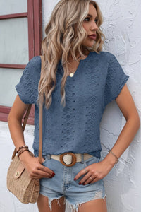 Notched Neckline T-Shirt with Elegant Eyelet Embroidery for Effortless Style 4
