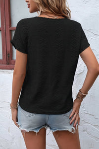 Notched Neckline T-Shirt with Elegant Eyelet Embroidery for Effortless Style 5