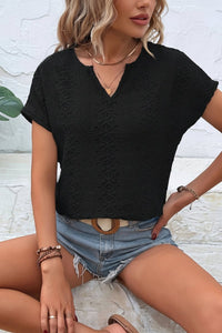 Notched Neckline T-Shirt with Elegant Eyelet Embroidery for Effortless Style 6