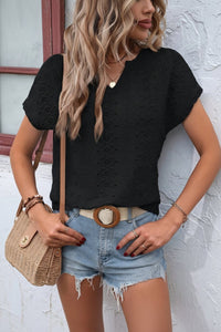 Notched Neckline T-Shirt with Elegant Eyelet Embroidery for Effortless Style 7