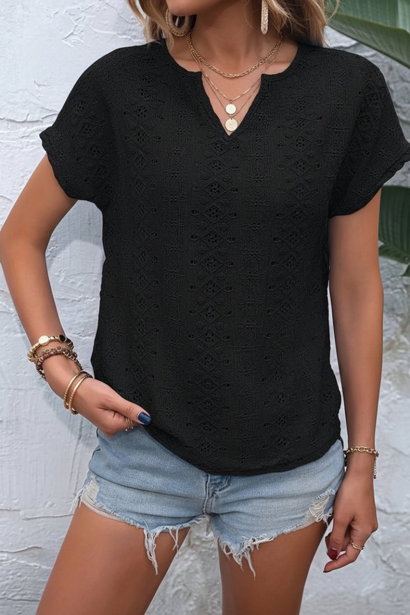 Notched Neckline T-Shirt with Elegant Eyelet Embroidery for Effortless Style 8