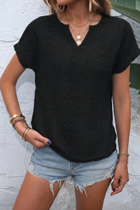 Notched Neckline T-Shirt with Elegant Eyelet Embroidery for Effortless Style 8