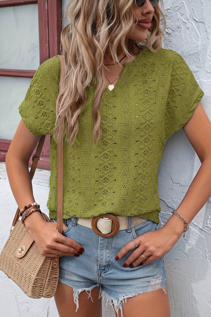 Notched Neckline T-Shirt with Elegant Eyelet Embroidery for Effortless Style 9